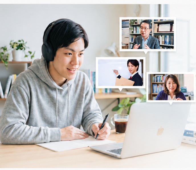 オンライン指導を受ける大学生と各科目のプロ講師たち
